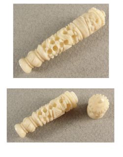 Small Chinese Carved Cow Bone Needle Holder Dragon Decoration C1900 
