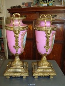 Breathtaking 19thC Pair Sevres Rose Pompadour Ormolu Mounted Vases 12 
