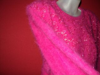   Pink Superfuzzy Hairy Furry 80 Angora Sweater Pearl Trim Medium
