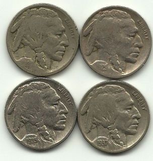 Four Different Buffalo Nickels   1920   1929 D   1935   1937