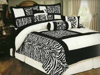 7pcs Bed in A Bag Comforter Set Zebra Print Blk WT Squares Queen 