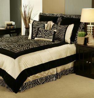 7pc Black Taupe Velvety Zebra Print Comforter Set Queen