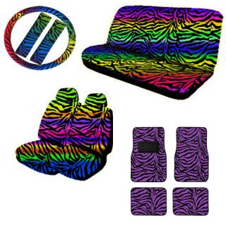 15pc Set Seat Cover Rainbow Colorful Zebra Animal Wheel Belt Purple 