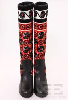Anna Sui Black Leather & Multicolor Terrycloth Print Runway Boots Size 