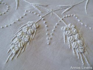 Antique White Linen Cloth Hand Embroidered Whitework Flowers