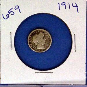 1914 90% SILVER BARBER DIME US COIN 10 CENT SHIP IN FLIP (659)