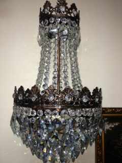 Vintage Antique Brass Crystal Chandelier Lighting Unique French 1960s 