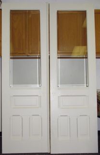 Antique Double Solid Hard Wood Interior French Doors w Beveled Glass 