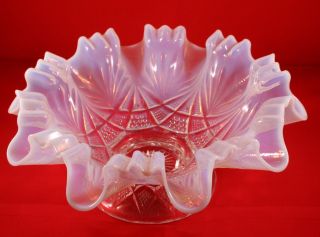 antique opalescent ruffled white and clear bowl by dugan glass circa 