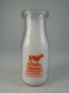 Vintage Milk Dairy Bottle Half Pint Wern Farms Waukesha Wi 5 25 Tall 