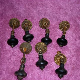 Antique Wood and Brass Drop Drawer Handle Pulls