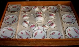 Antique German Childs Porcelain Tea Set in Original Fitted Wood Box 