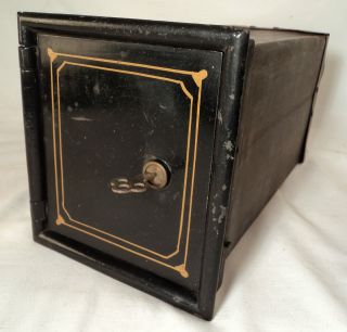 Strong Box For Antique Floor Safe Tin Lock Box & Key Vintage Old Bank 
