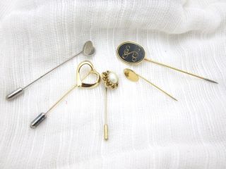 vintage 5 stick pins jewelry lot initial s e heart pearl gold plate 