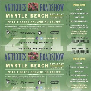 Myrtle Beach Antiques Roadshow Two Tickets 23 June 2012