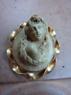 Stunning Italy Antique Vtg Victorian 12K Gold Lava Carved Cameo 