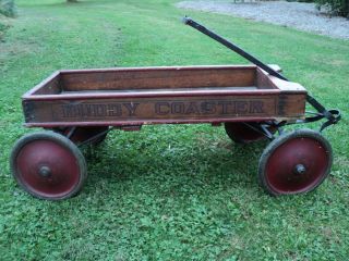 VTG Antique BUDDY COASTER Wooden Iron Childrens Red Ride On Wagon 