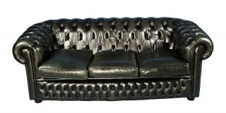 English Antique Style Green Buttoned Leather Chesterfield Sofa