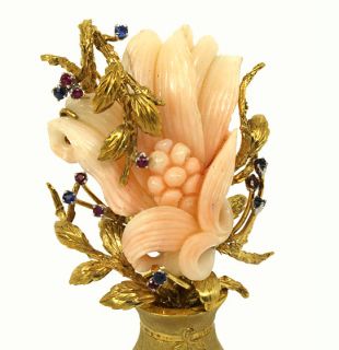 amazing vintage 14k gold coral gems flower vase pin