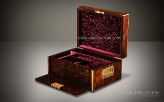 Walnut Antique Jewellery Jewelry Box with Drop Front Concealed Drawers 