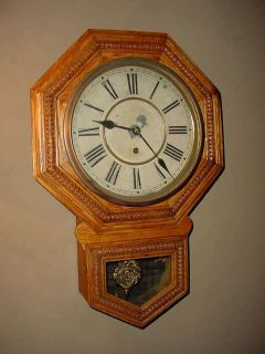 Antique Oak Waterbury Schoolhouse Key Wind Regulator Wall Clock 
