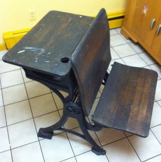 Antique School Desk With Folding Chair Storage Inkwell Cast Iron Legs 