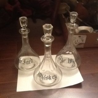   VINTAGE ETCHED GLASS DECANTERS WITH GLASS LIDS WHISKEY RYE APPLE JACK