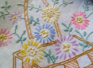 Vintage Pure Linen Tablecloth Hand Embroidered Pastel Flower Baskets 