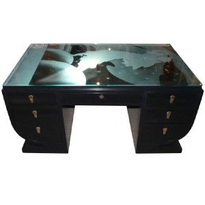   Deco Desk Etched Glass Top Black Lacquered 20s 30s Arbus WOW