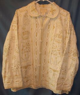 April Cornell Ivory Cotton Gold Embroidered Animals Button Jacket 