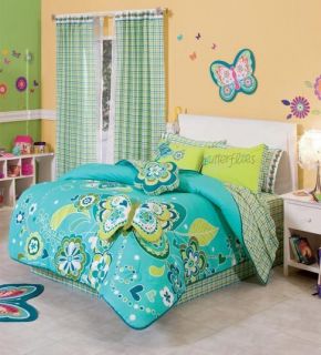   Aqua Green Butterfly Comforter Sheets Bedding Set Full + Curtains Set