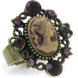 Antique Gold Vintage Style Cameo Ring Heart Dark Purple Stone Crystal 