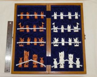   Ox Bone Faux Ivory Chess Set Wood Board Case Chinese Vntg