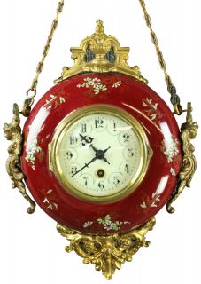 Antique French Hanging Wall Clock, Red Enameled Case w/ Hand Painted 