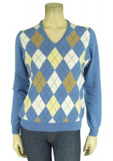 New Brooks Brothers Argyle Sweater L V Neck Merino Wool Blue Yellow 