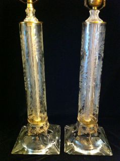 Pair of Antique Etched Crystal Column Lamps