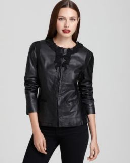 Tahari New Arlene Black Leather Lined Ruffled Trim Jacket Blazer s 