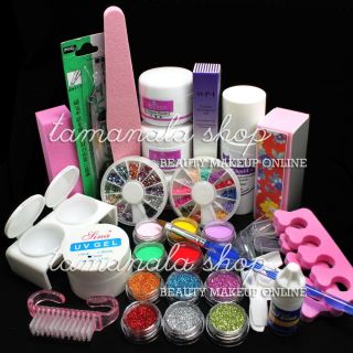 Pro Full Acrylic Powder Liquid Nail Art Kit Block Glitter Brush Glue 