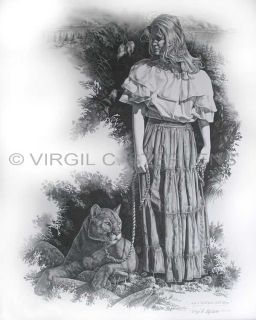 Pencil Drawing of A Woman A Mountain Lion Romantic Wildlife Art Cougar 