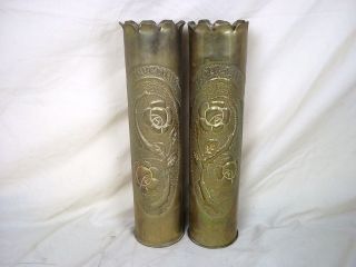 Pair of WW1 75mm Trench Art Shell Case Vases with Roses Souvenir St 
