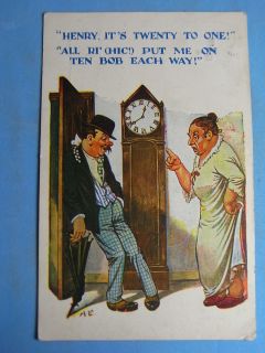 Arthur English Postcard 1920s Horse Racing Drunk Grandfather Clock 
