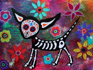 Print Signed Mexican Folk Art Day of The Dead Chihuahua Dog Painting 