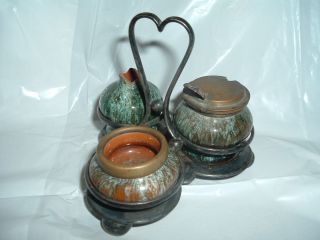   Art POTTERY Condiment Set + ATKIN BROTHERS Sheffield Caddy   Antique