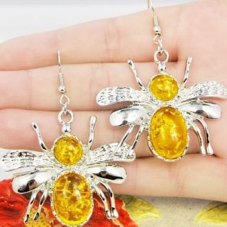    PRESSED BALTIC AMBER INSECT BUG BEE DANGLE EARRINGS NEW ARRIVALS