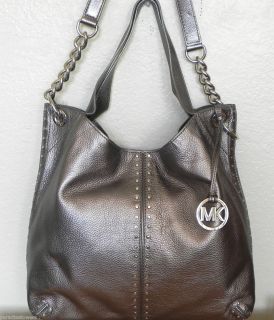 MICHAEL KORS Gunmetal Leather ASTOR Large Chain Shoulder Tote Bag 
