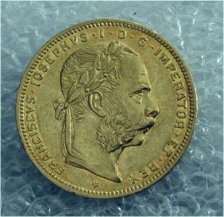 1877 Austria Gold Coin 8 Florins 20 Francs AU