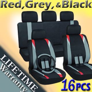 16pc Set Red Gray Black Auto Car Seat Covers Steering Wheel Belt Pad 