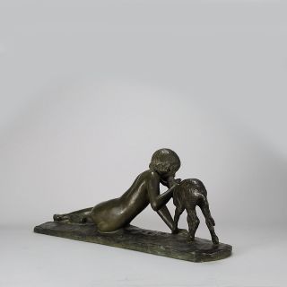 Antique Art Deco Bronze Girl and Lamb by Ary Jean Leon Bitter