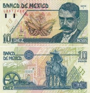 Mexico $ 10 Pesos Emiliano Zapata May 6, 1994 UNC.
