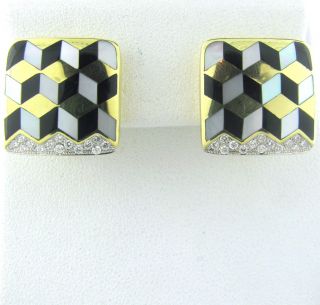 New Asch Grossbardt 14k Gold Onyx MOP Diamond Earrings